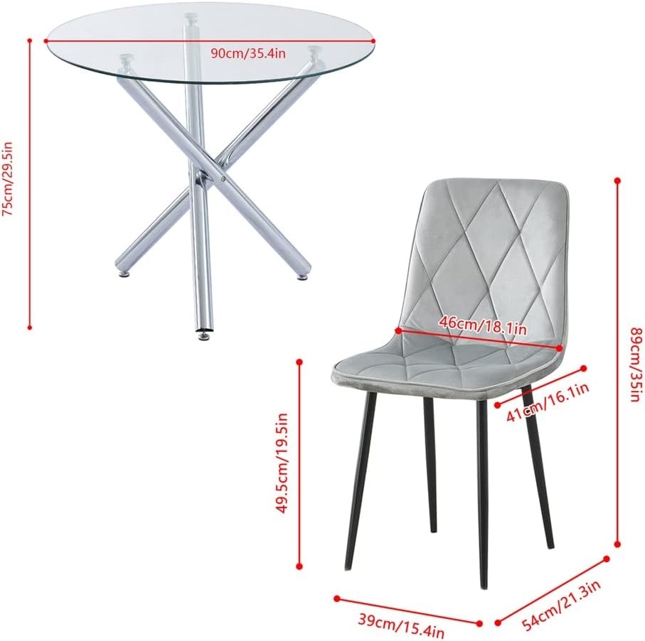 Round Glass Dining Table with 4 Velvet Chairs 90cm Compact Kitchen Set