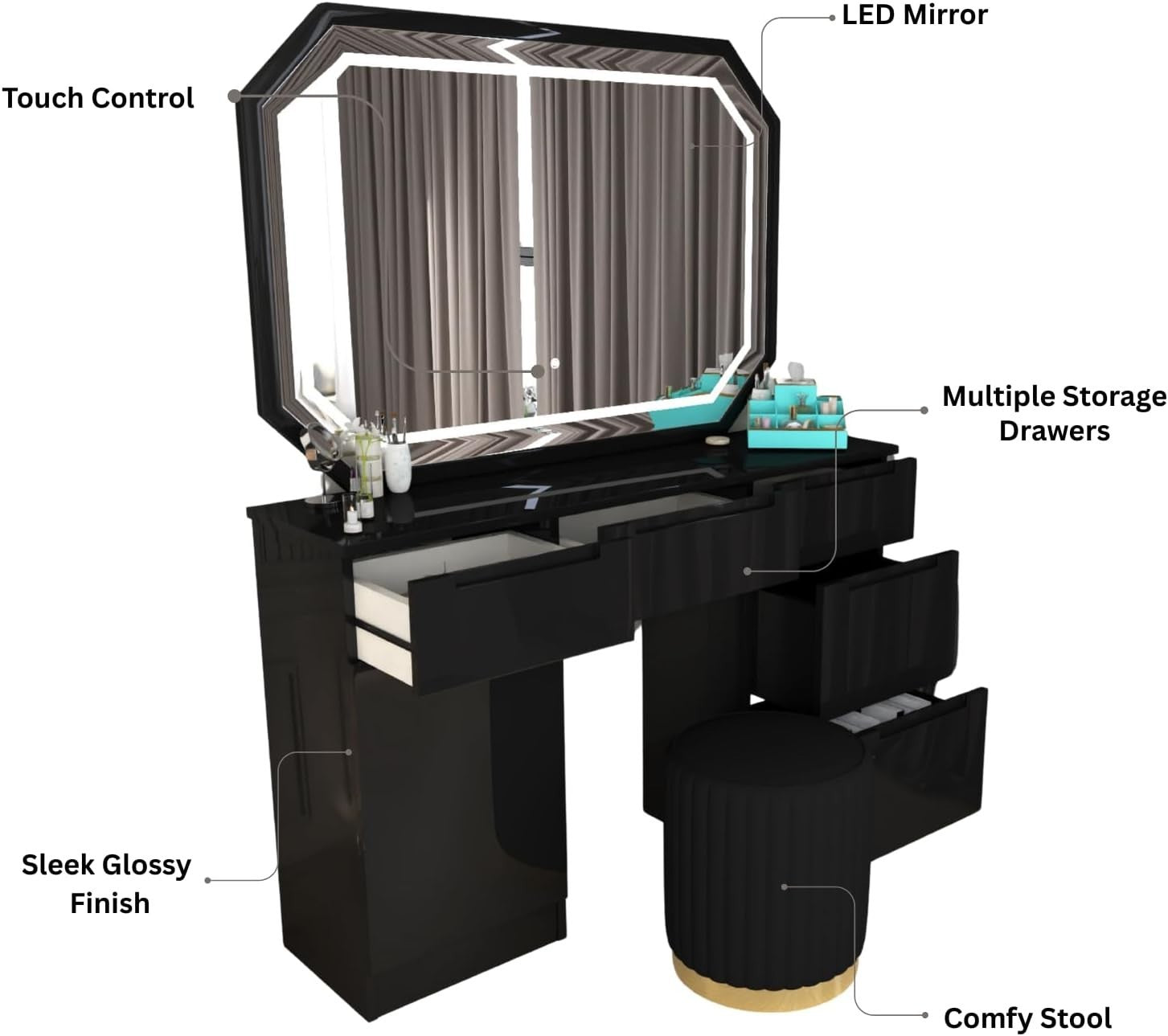 Vanity Dresser Table w/LED Mirror & Padded Stool 7 Drawers Black High Gloss
