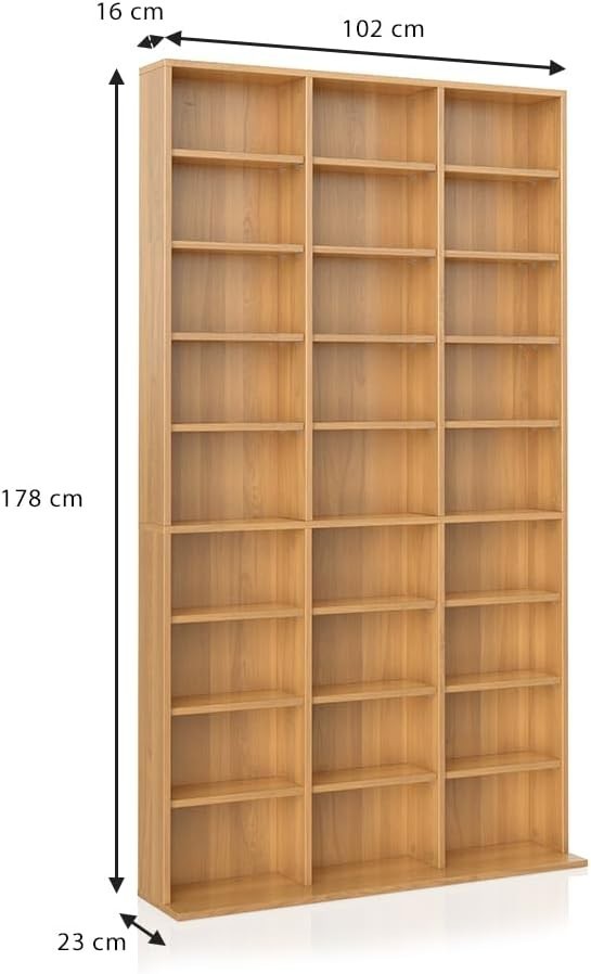 CD DVD Storage Shelf Tower 178cm 27 Adjustable Shelves Wall Mount Beech
