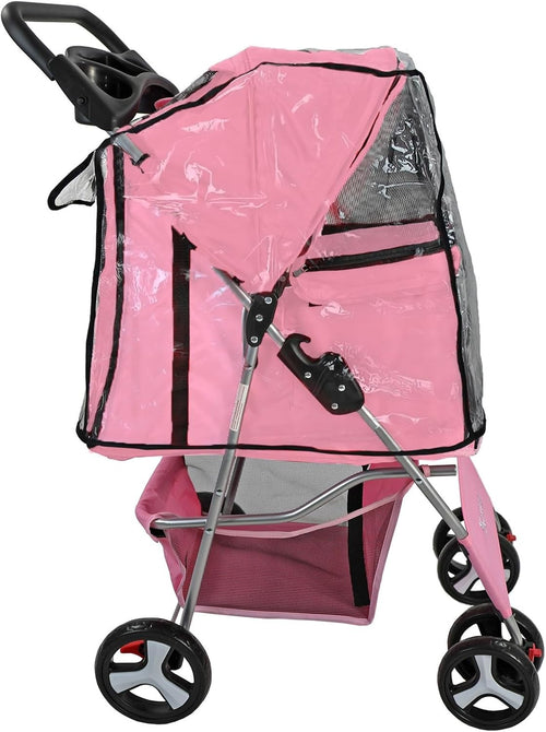 Pet Stroller Dog Cat Pushchair Foldable Swivel Wheels 15kg Pink + Cover