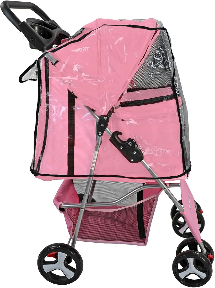 Pet Stroller Dog Cat Pushchair Foldable Swivel Wheels 15kg Pink + Cover