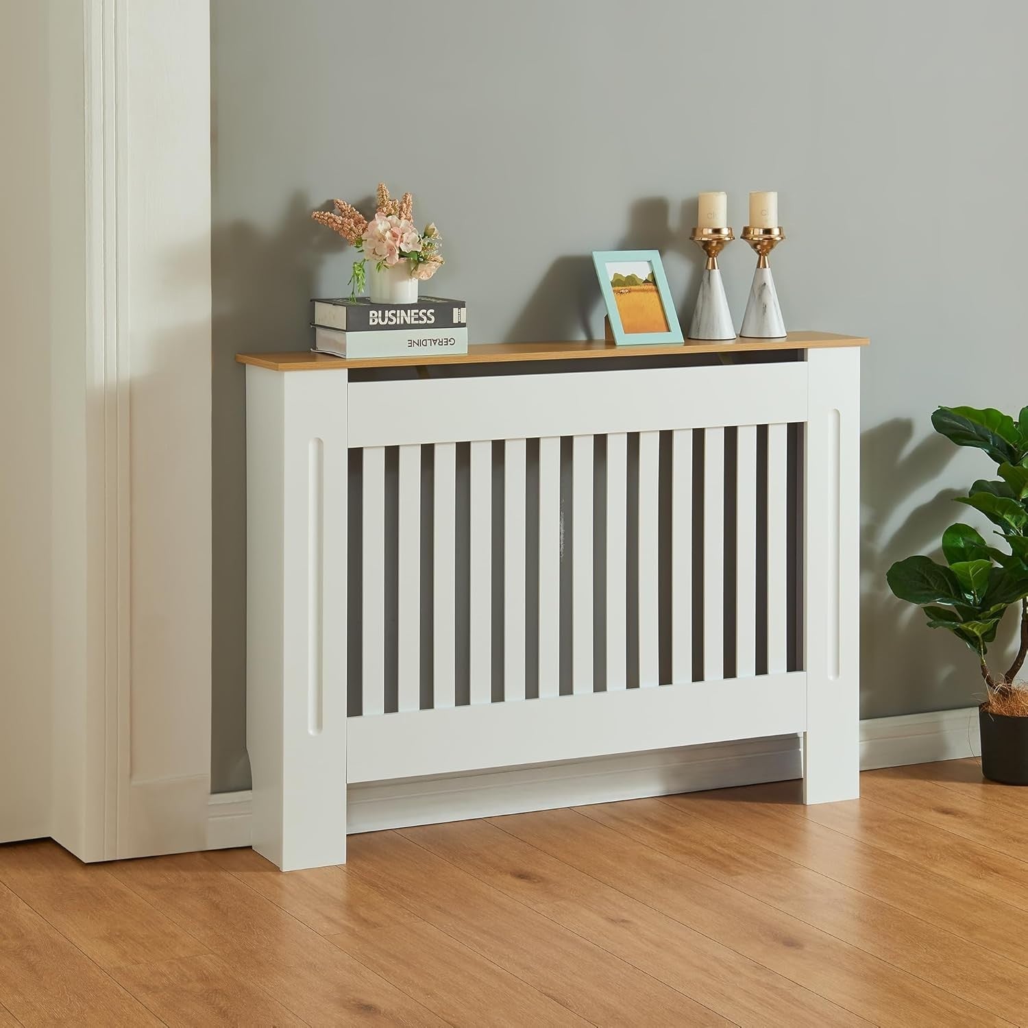Medium White Radiator Cover 112cm Wood Top Modern Slatted Heating Cabinet