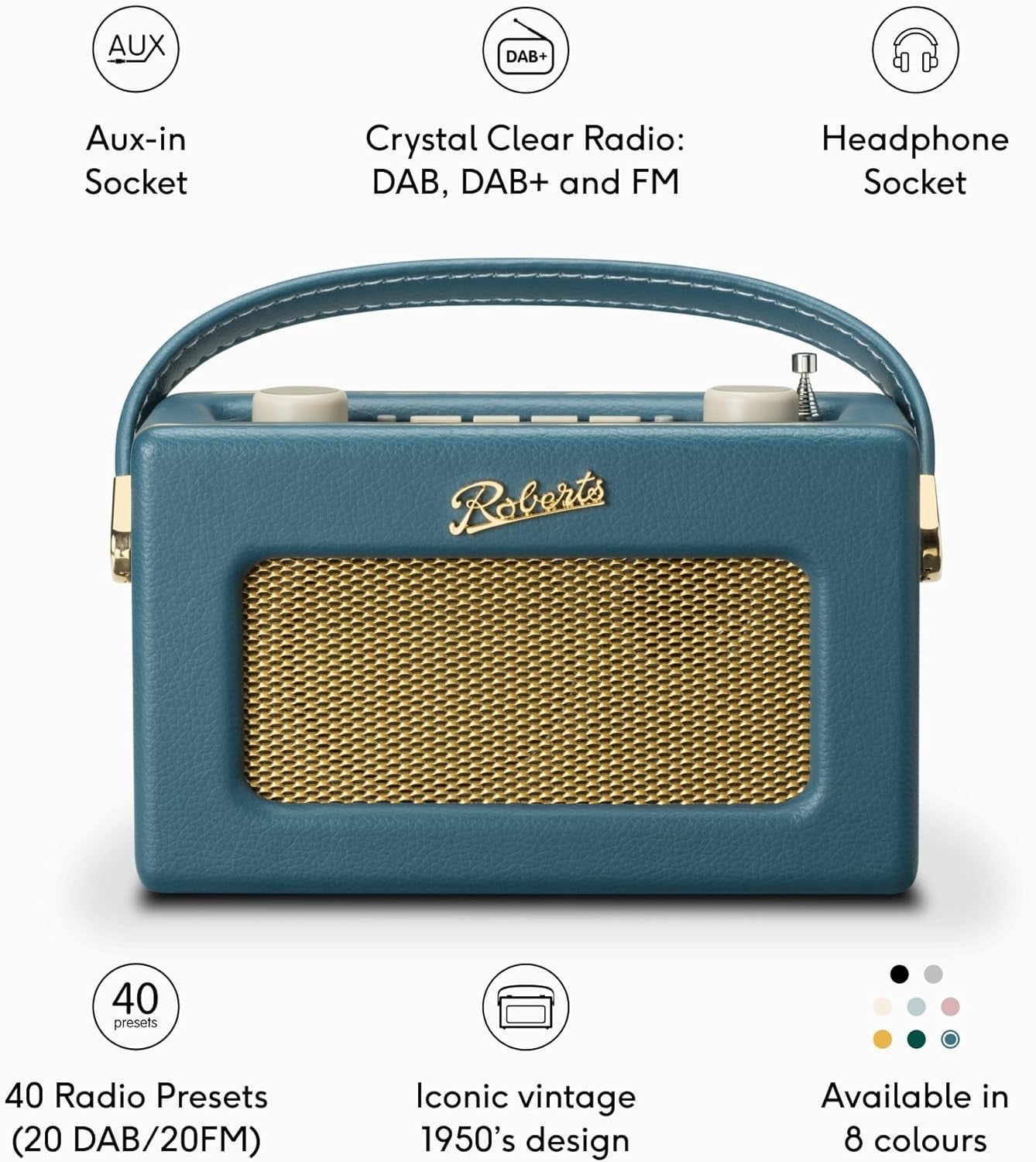 Portable DAB DAB+ FM Radio Bluetooth Retro Teal Blue