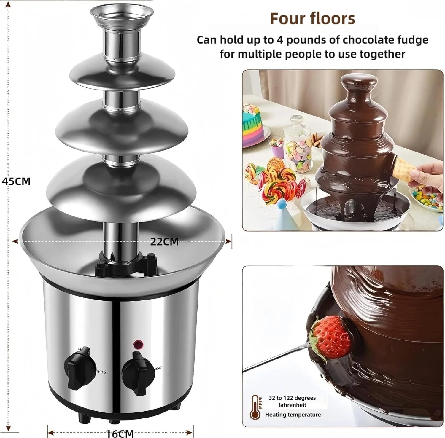 4 Tier Chocolate Fountain Machine 170W Electric Fondue Melter 220V