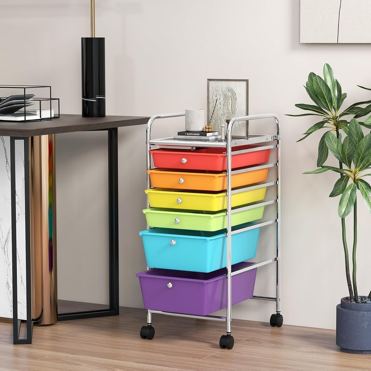Multicolor 6 Drawer Mobile Storage Trolley Rolling Utility Organizer Cart