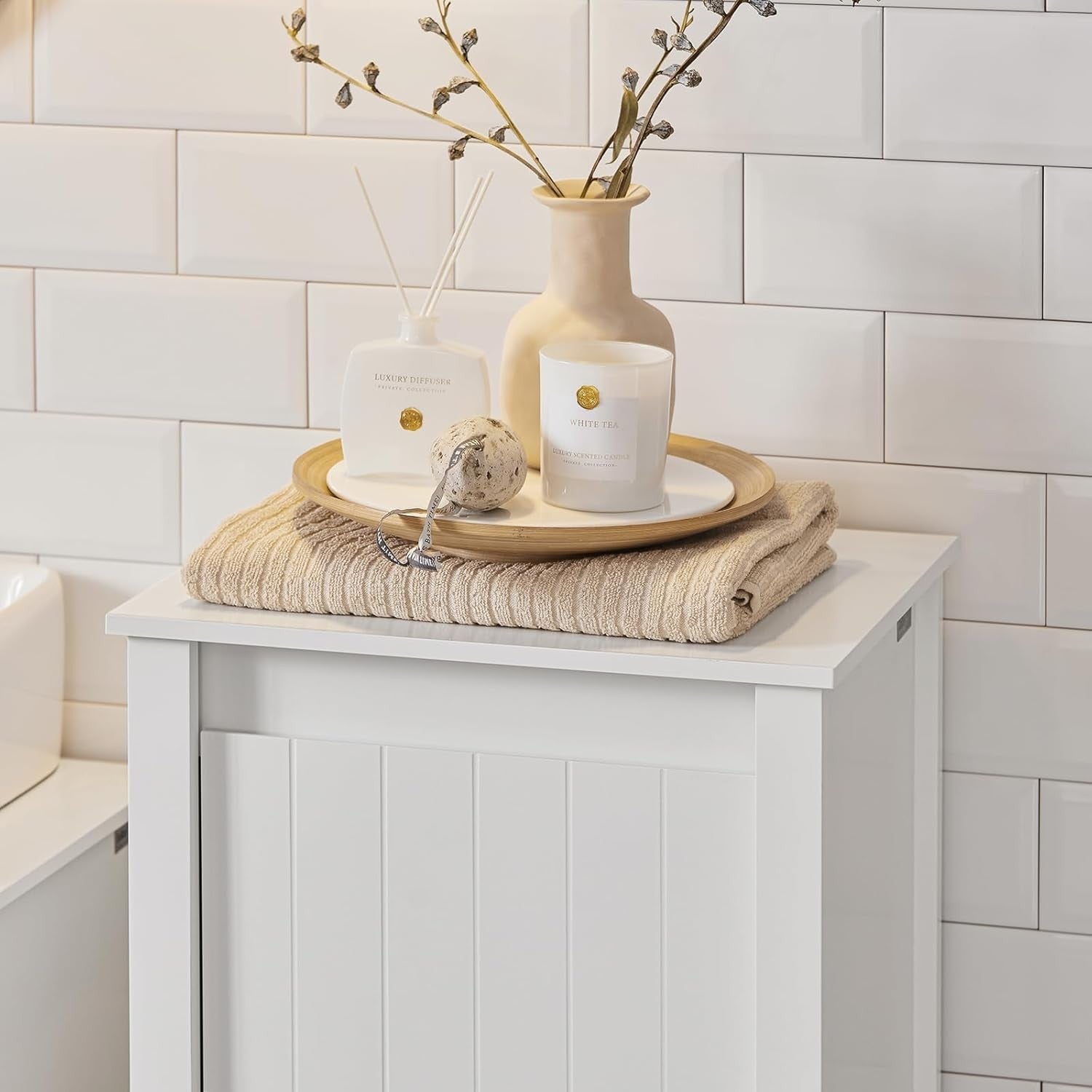 Bathroom Laundry Cabinet with Fold Out Basket Slim White Space Saving
