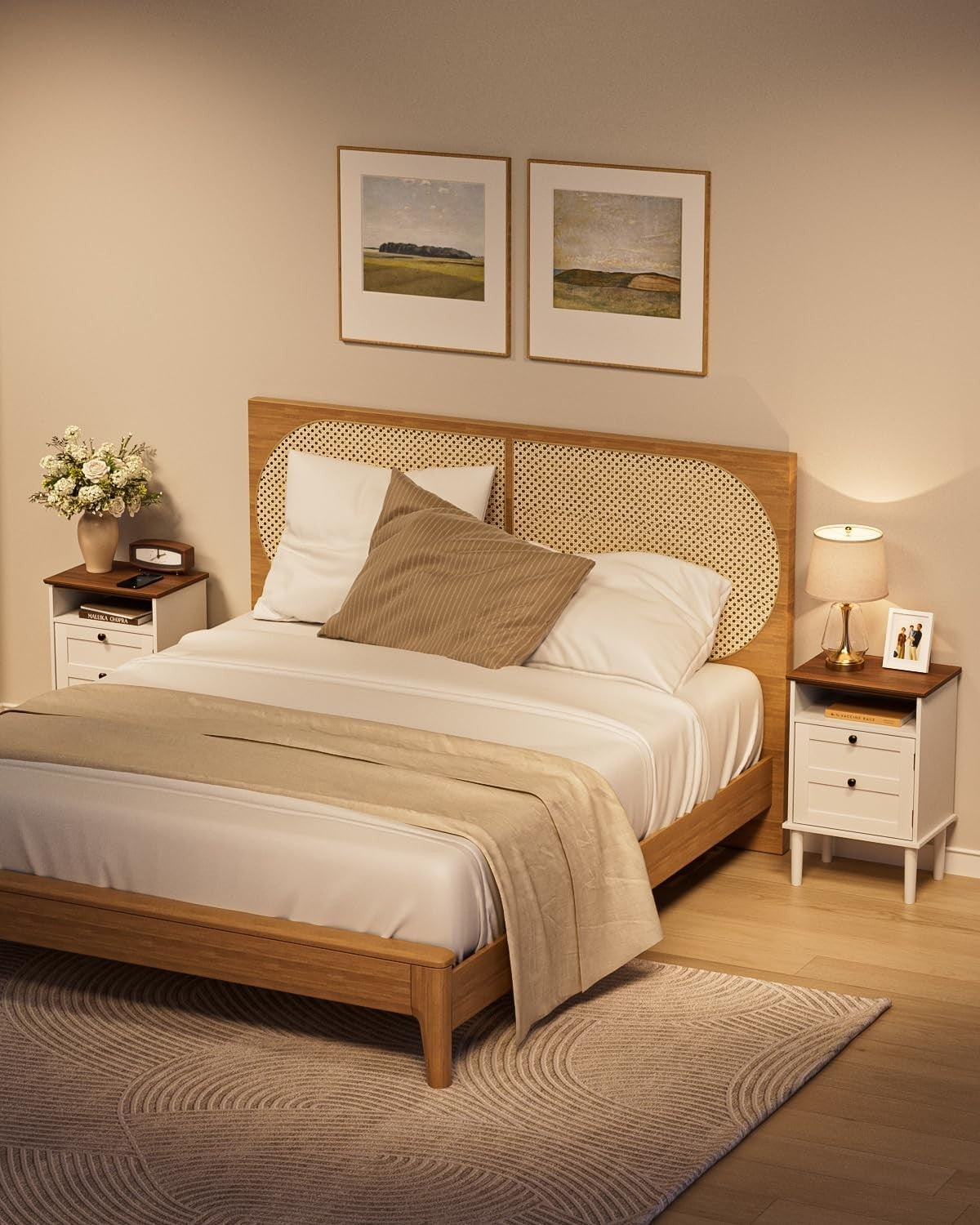 Wooden Bedside Table with Door & Shelf – White Farmhouse Nightstand 39x29x60cm