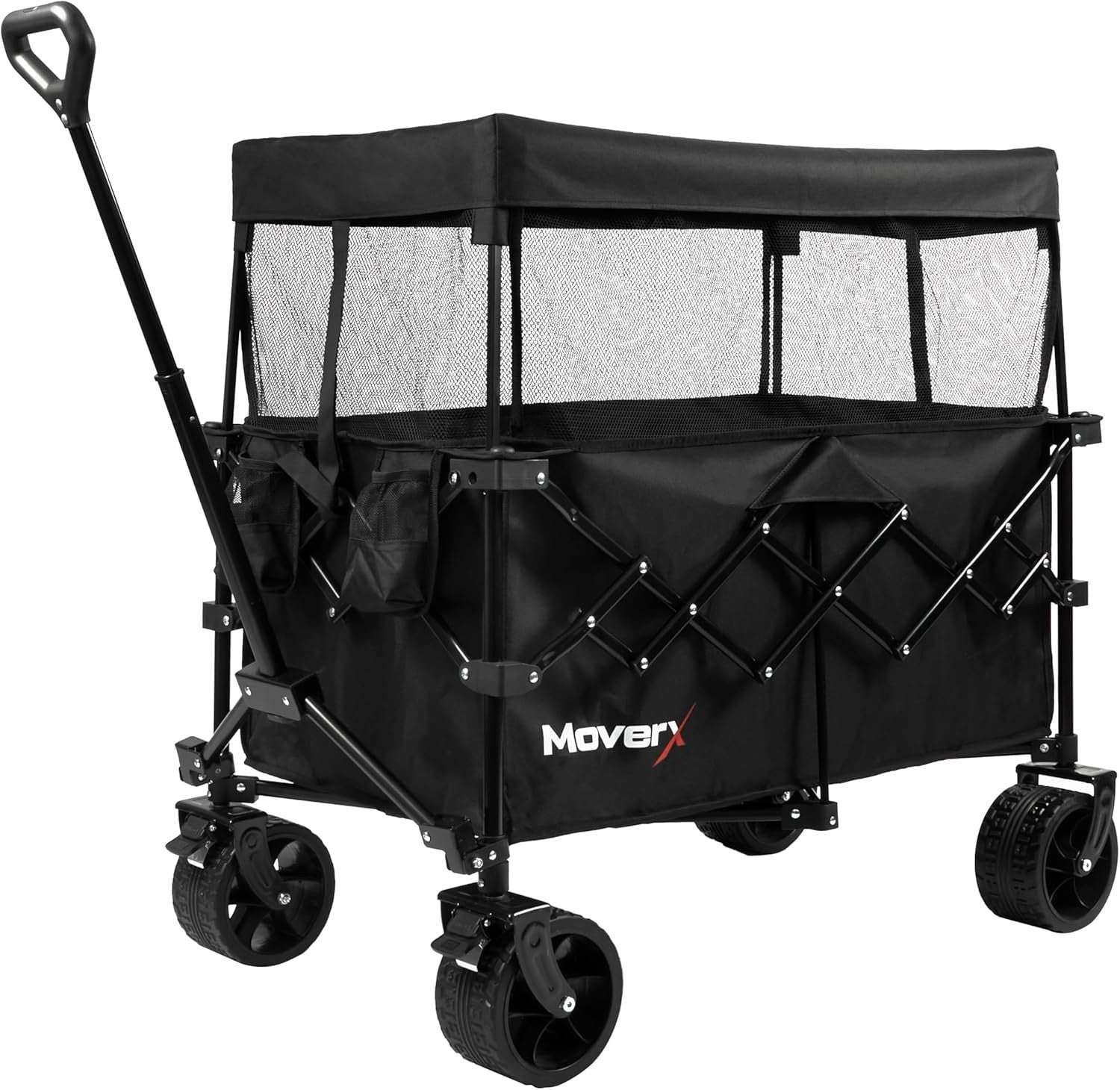 200L Folding Camping Trolley Wagon With Canopy All Terrain Wheels Black
