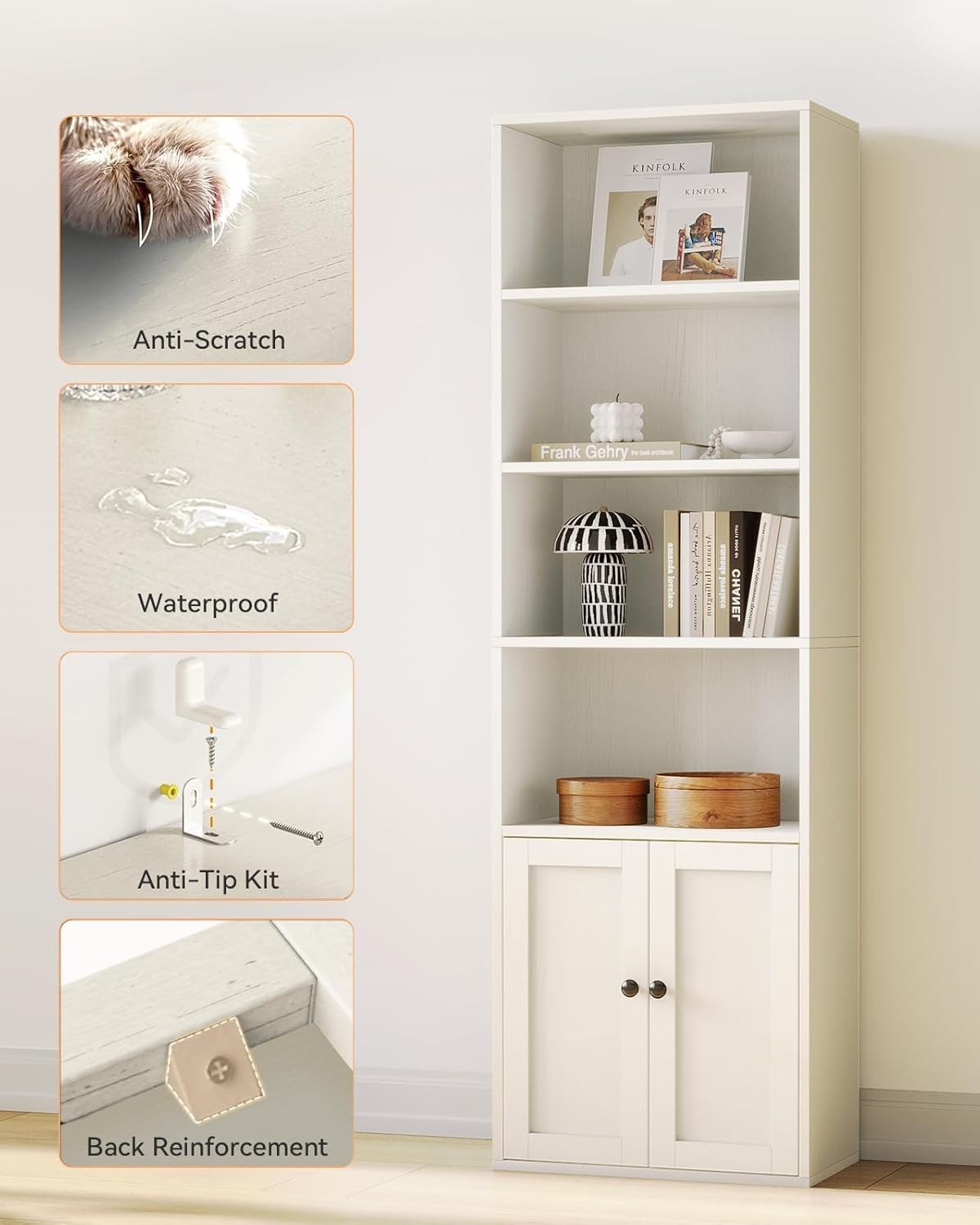 6 Tier White Bookcase with Doors Tall Storage Cabinet Shelf 48x24x176cm Display