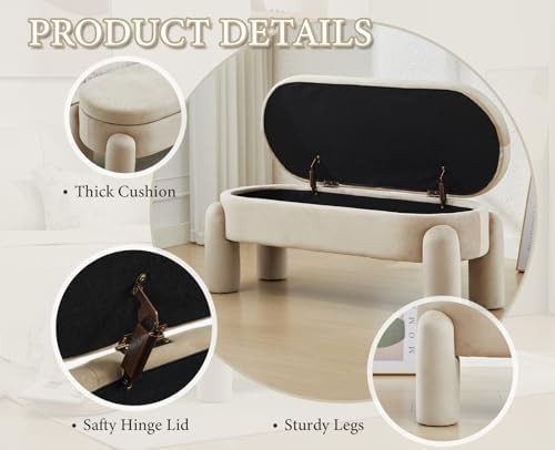 Velvet Upholstered Storage Bench Modern Bedroom Window Seat Khaki
