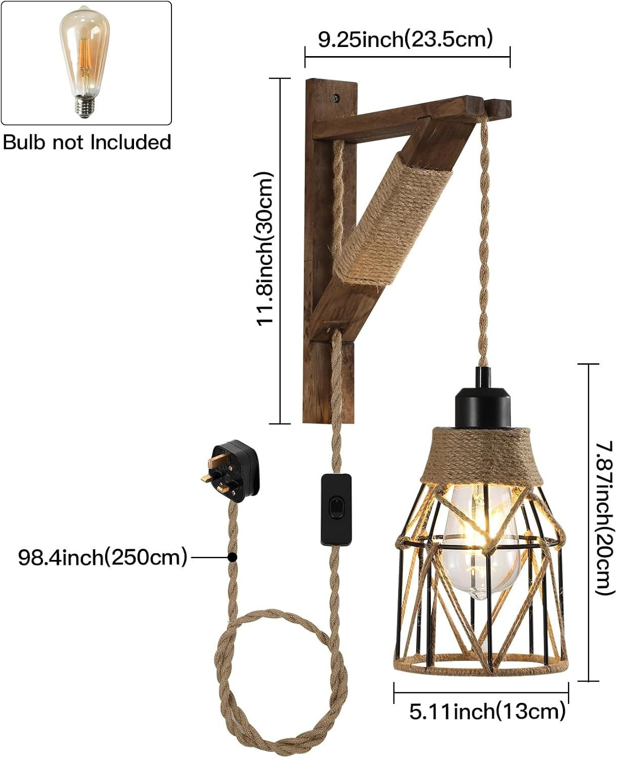 Rustic Farmhouse Plug-in Wall Sconces with Metal Cage & Wooden Bracket