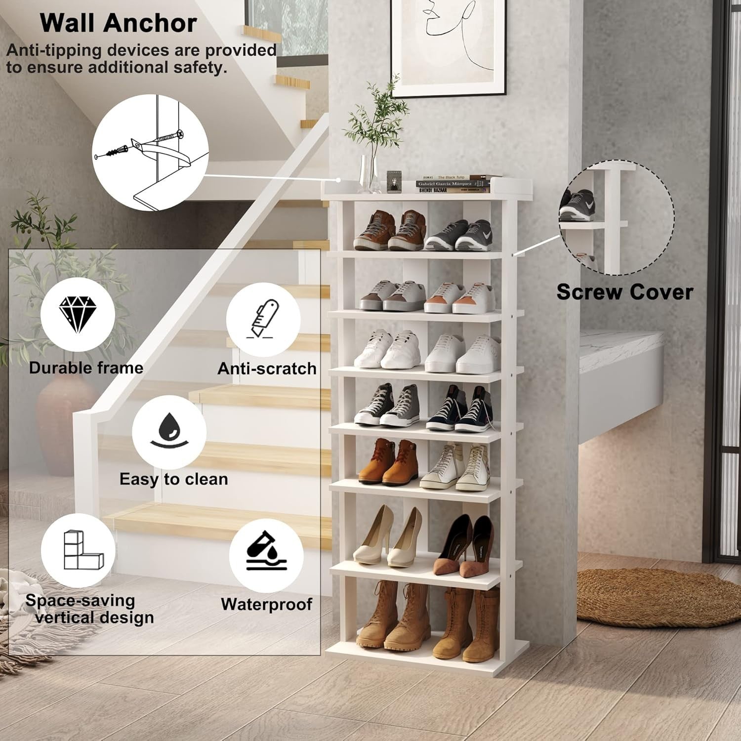 Slim 7-Tier Wooden Shoe Rack with Double Rows – Space-Saving Vertical Storage