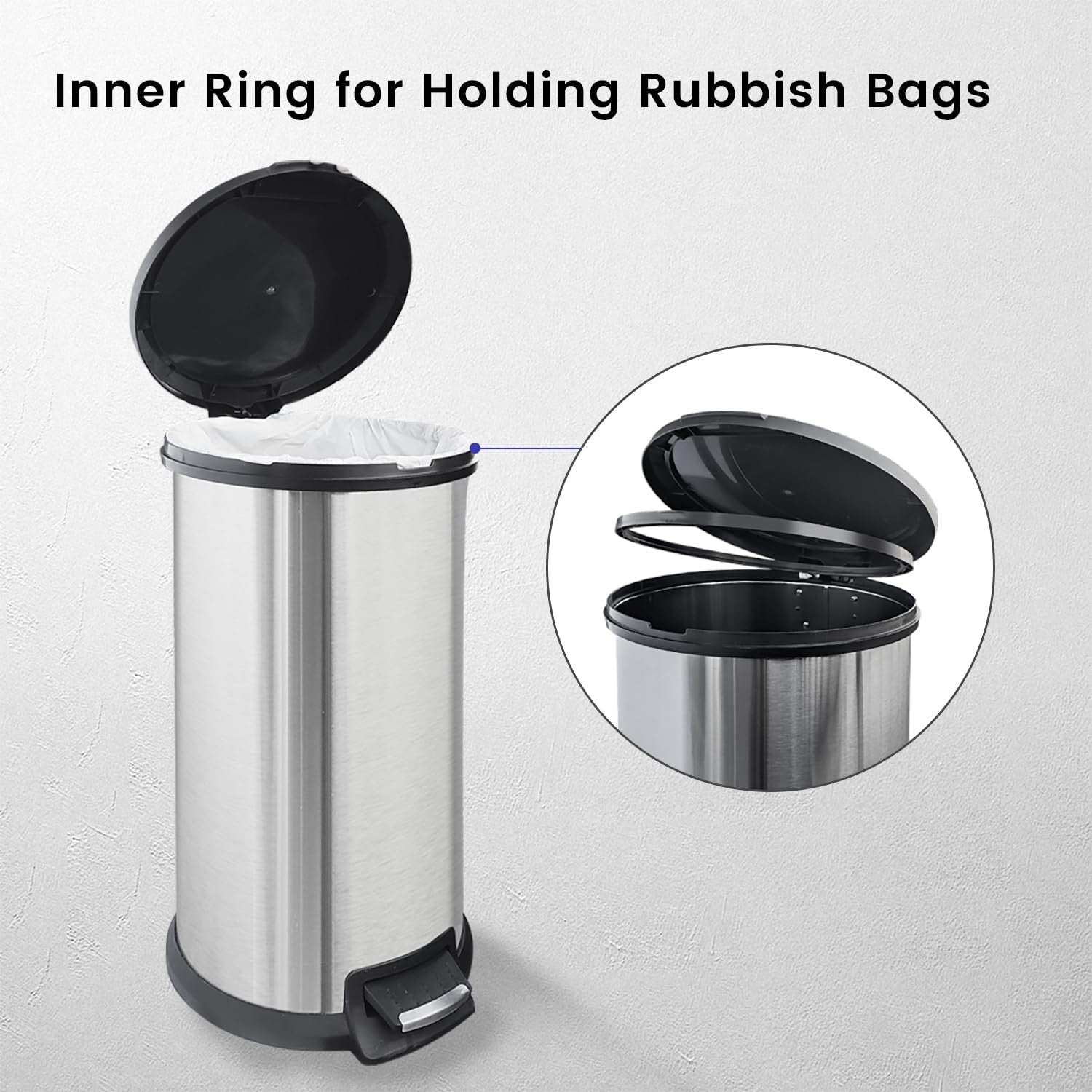 40L Round Stainless Steel Pedal Bin Kitchen Soft Close Silver