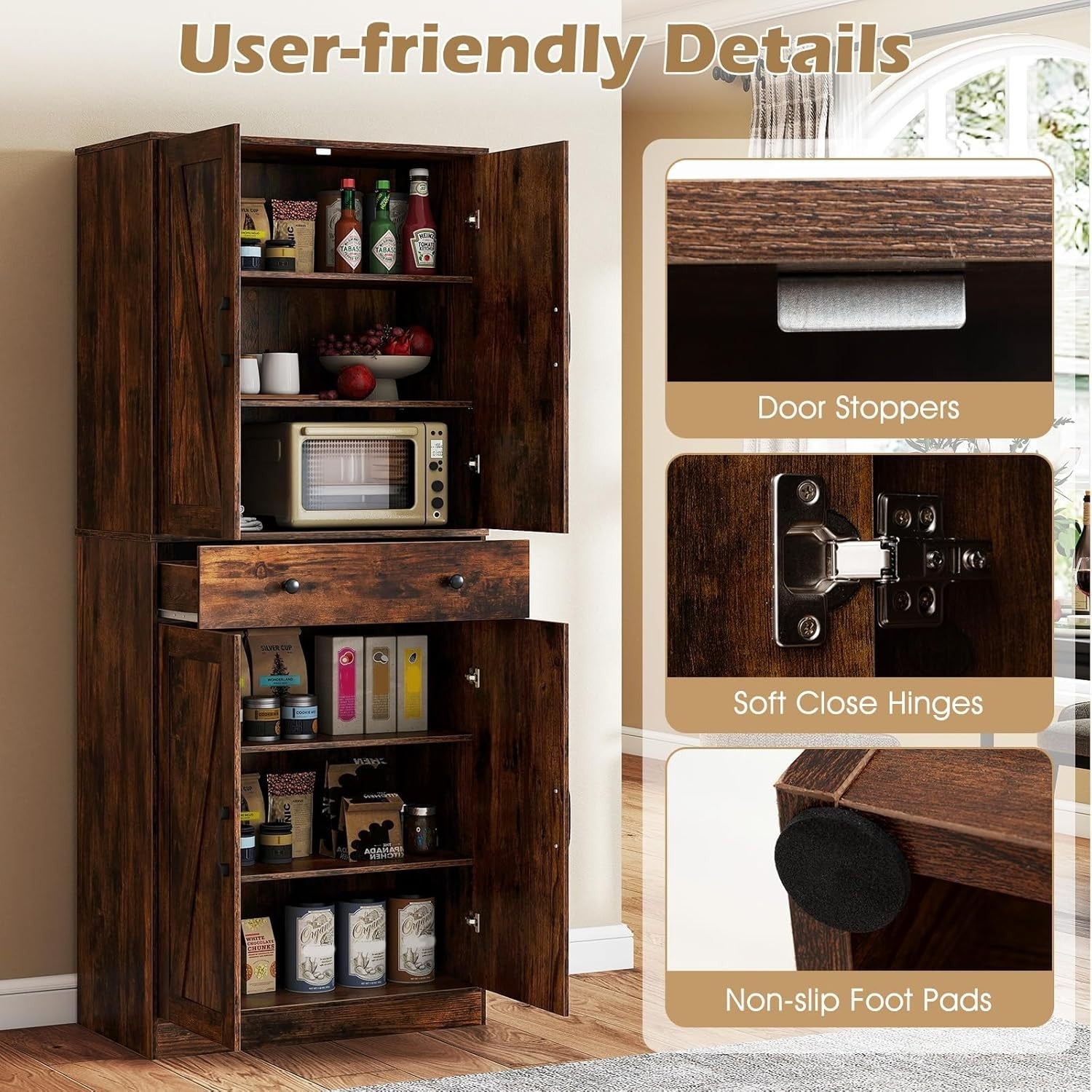183cm Tall Kitchen Cupboard Rustic Brown 6-Tier Adjustable Drawer Storage