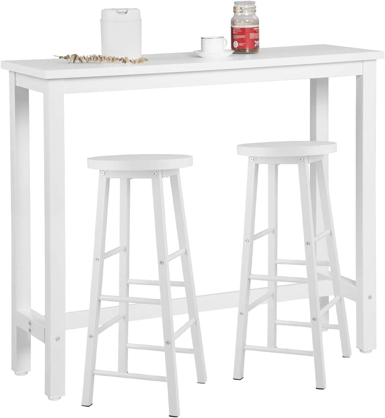 White Bar Table Set with 2 Stools, Space Saving Breakfast Counter with Footrest