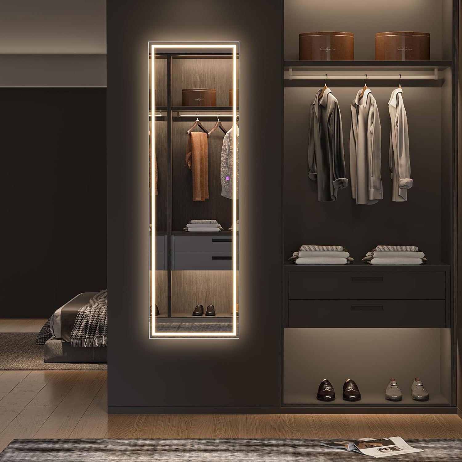 Full Length LED Mirror 160x40cm Wall Mounted Touch Dimmer Black Frame