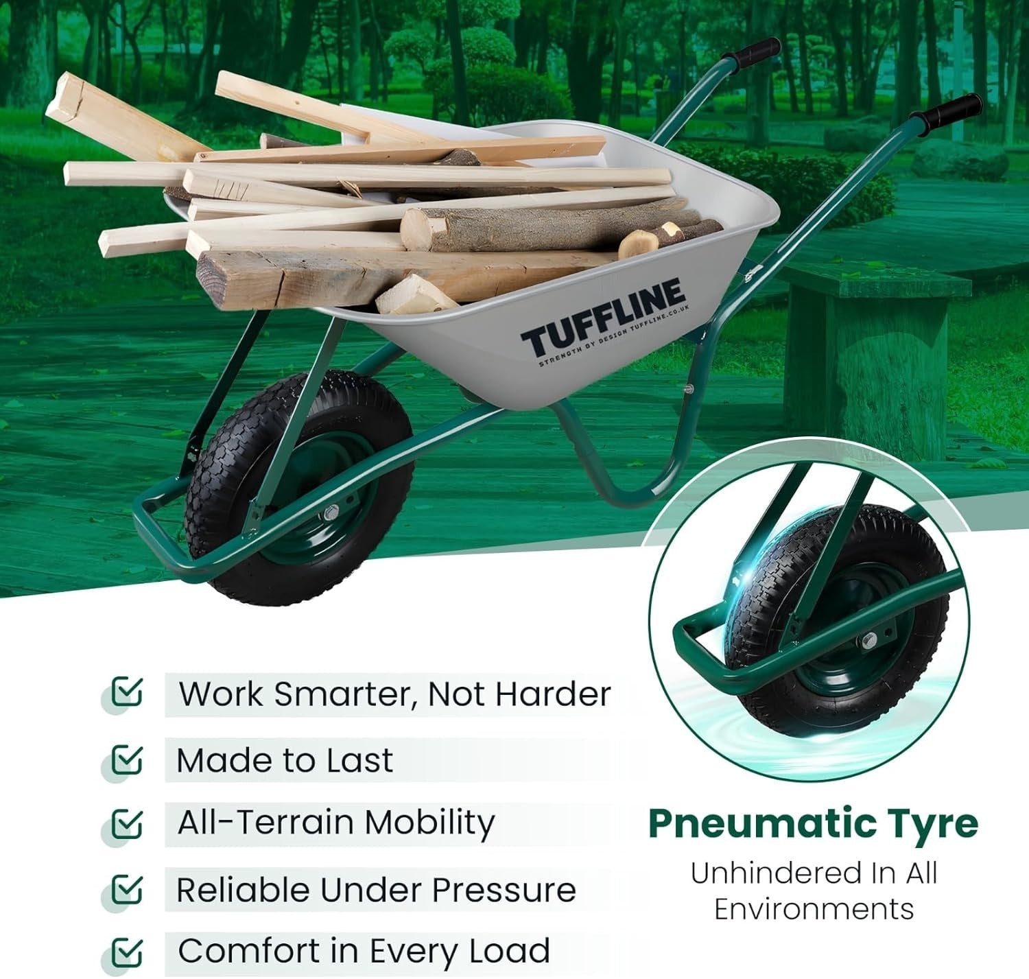 85L Garden Wheelbarrow – Galvanised Steel Tub w/ Puncture-Proof Tyre