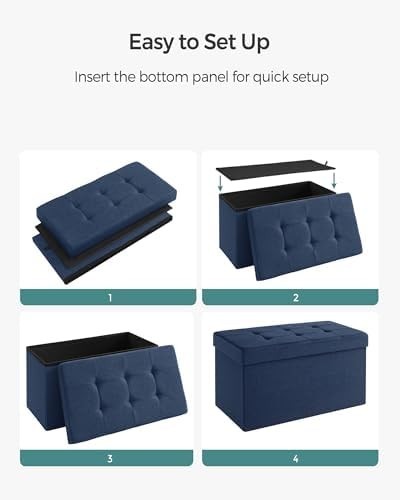 Dark Blue Folding Ottoman Bench 76cm Linen Storage Seat Footstool 89L Box