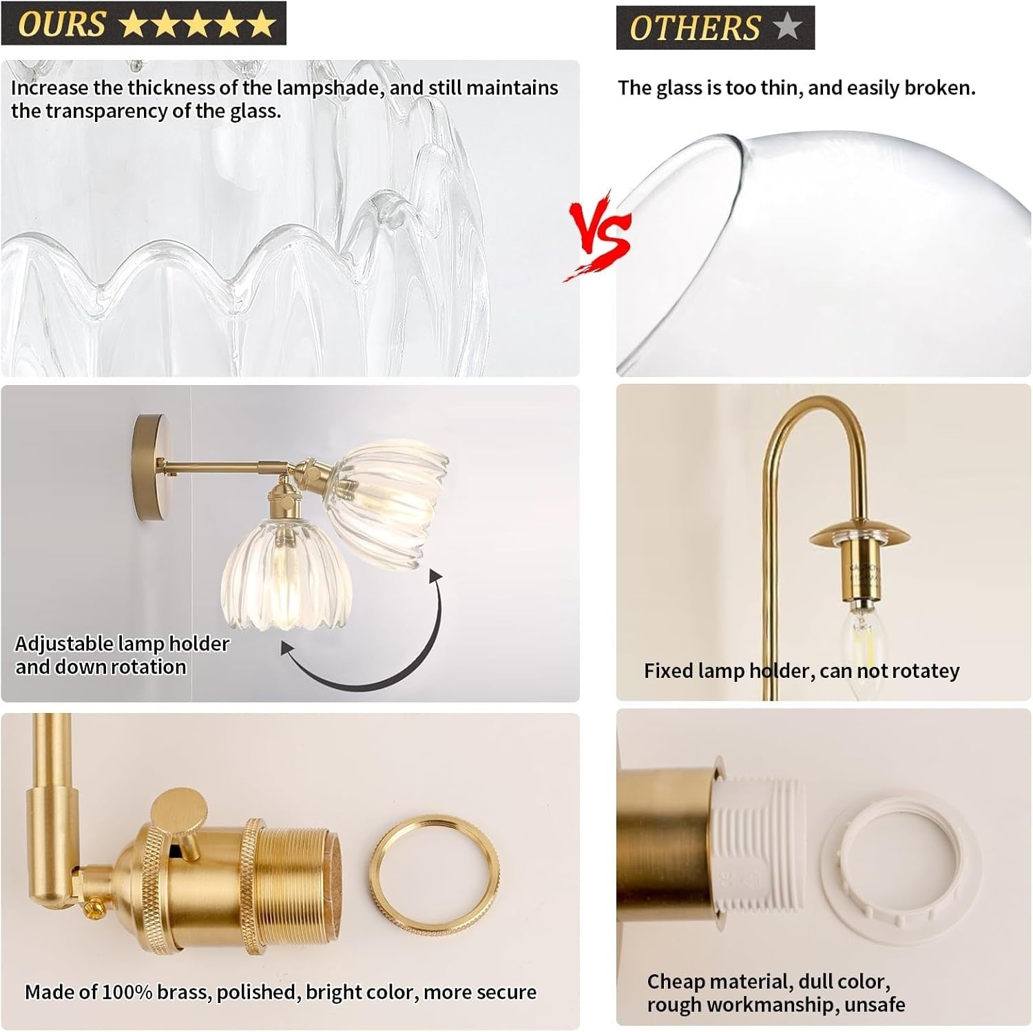 Vintage Gold Wall Sconce Lamp with 180° Adjustable Light & Switch, Indoor