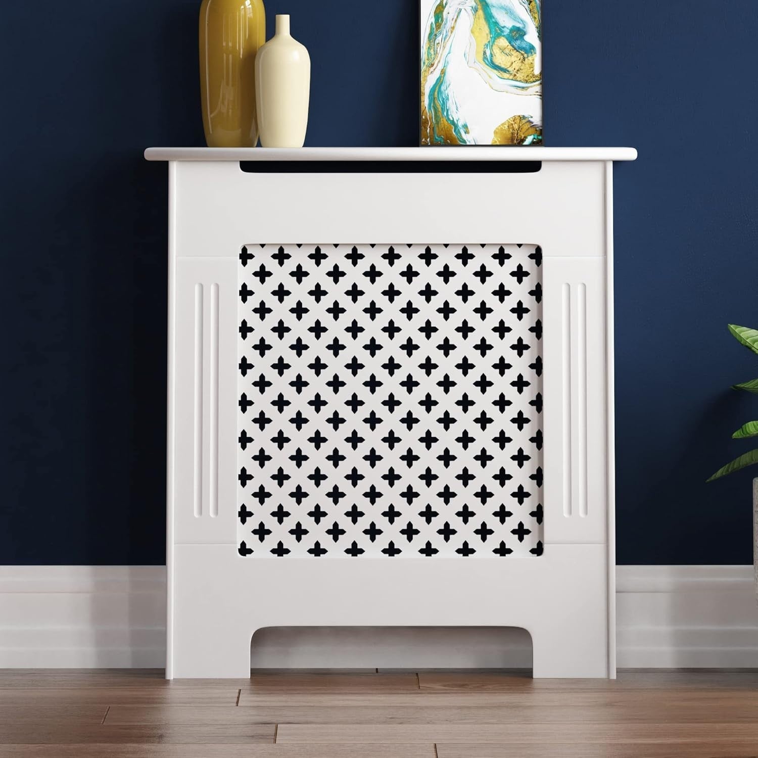 Small White Radiator Cover | Traditional Cross Pattern MDF Cabinet