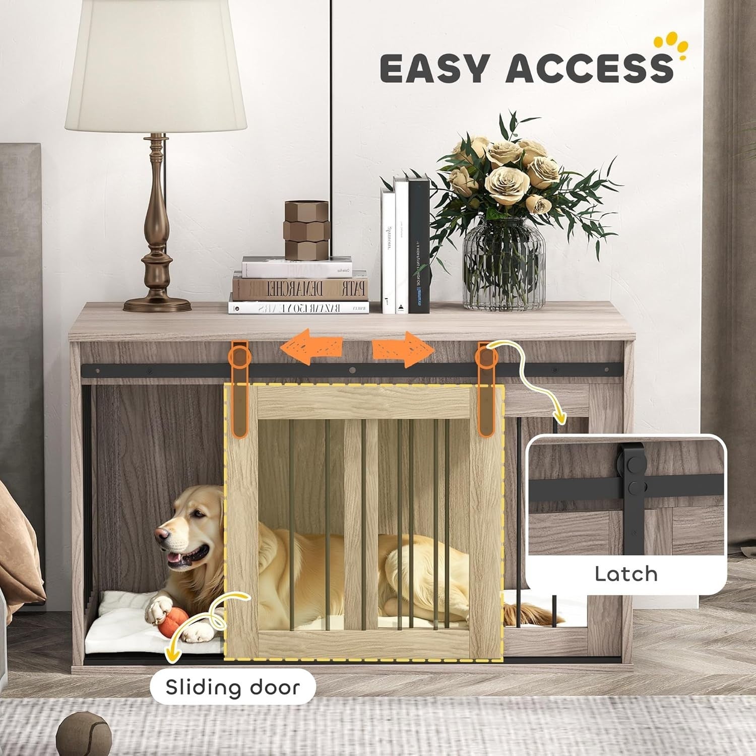 Large Indoor Dog Crate Furniture with Sliding Barn Door & Washable Cushion