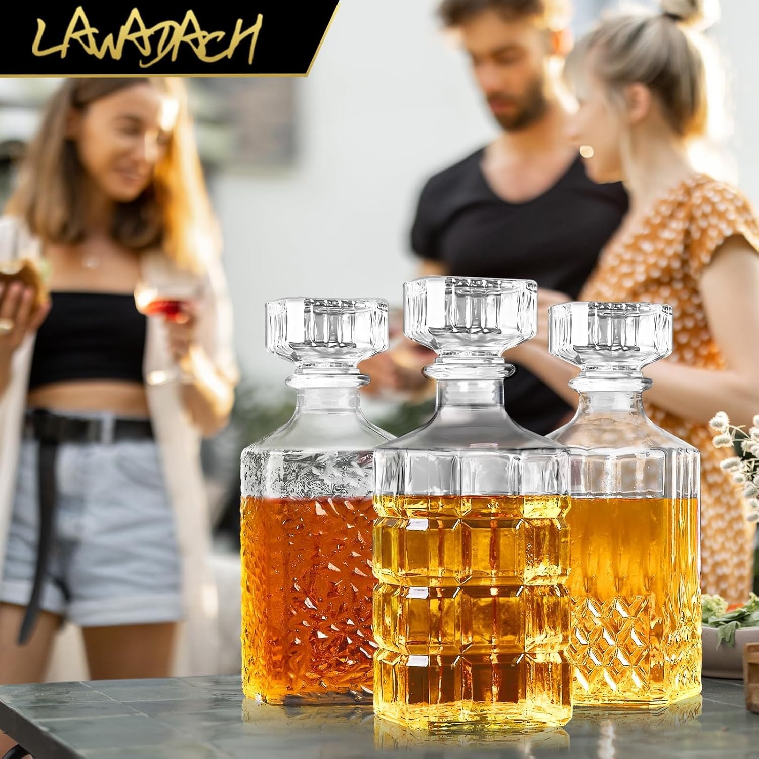3 Piece Glass Whiskey Decanter Set 33.8oz Vintage Cut Bar Bottles