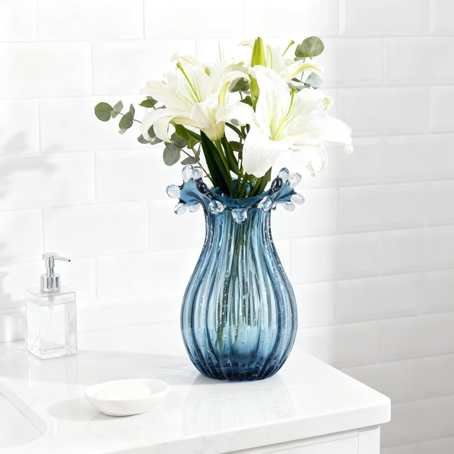 Blue Blown Glass Vase Modern Table Centerpiece Art Flower Display