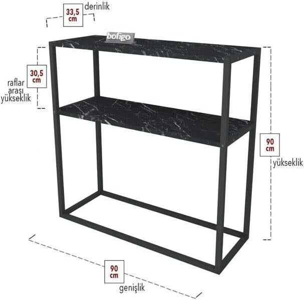 Slim Console Table 90cm with 2 Shelves, Metal Frame, Modern Hallway Storage