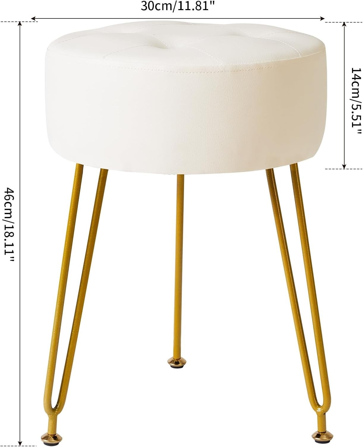 White PU Round Footrest Stool – Velvet-Look Vanity Seat with Gold Legs
