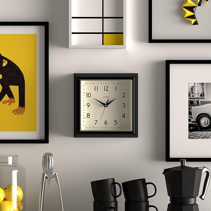 Black Retro Square Wall Clock 25cm Silent Quartz Easy Read Modern Kitchen Office