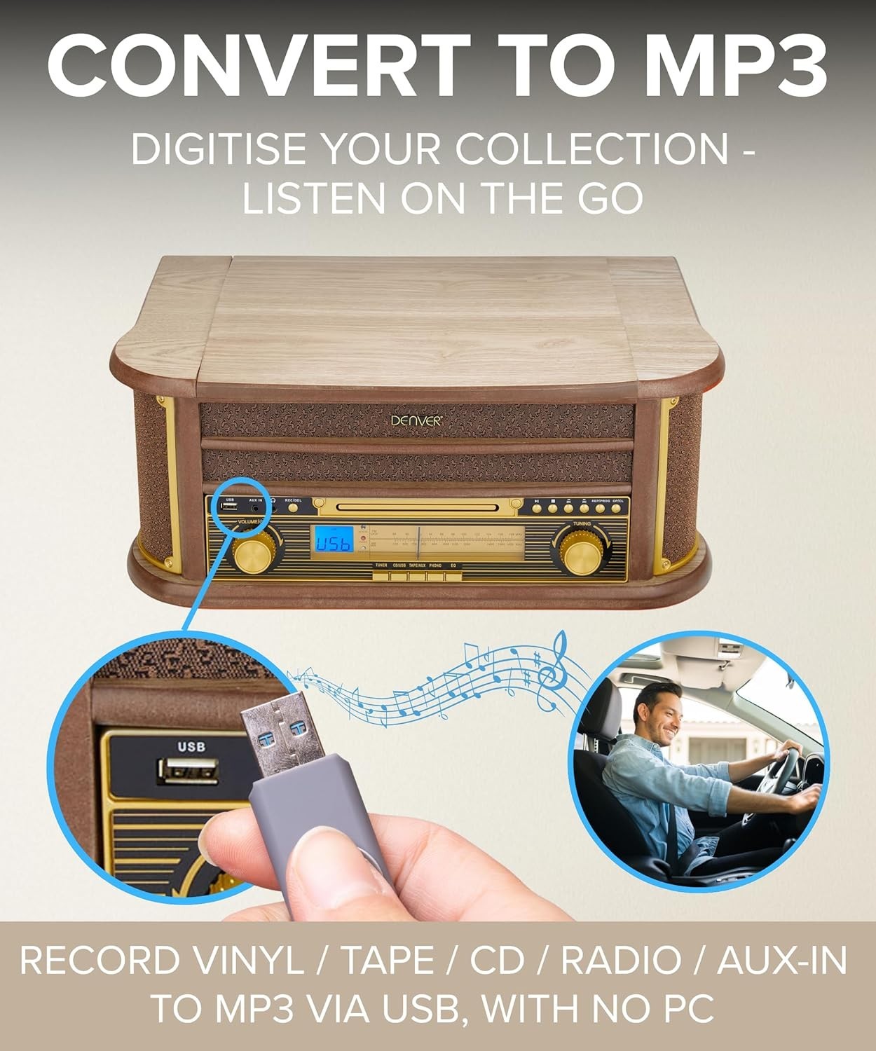 8-in-1 Retro Wooden Music System Vinyl CD Cassette Bluetooth USB MP3 Recorder