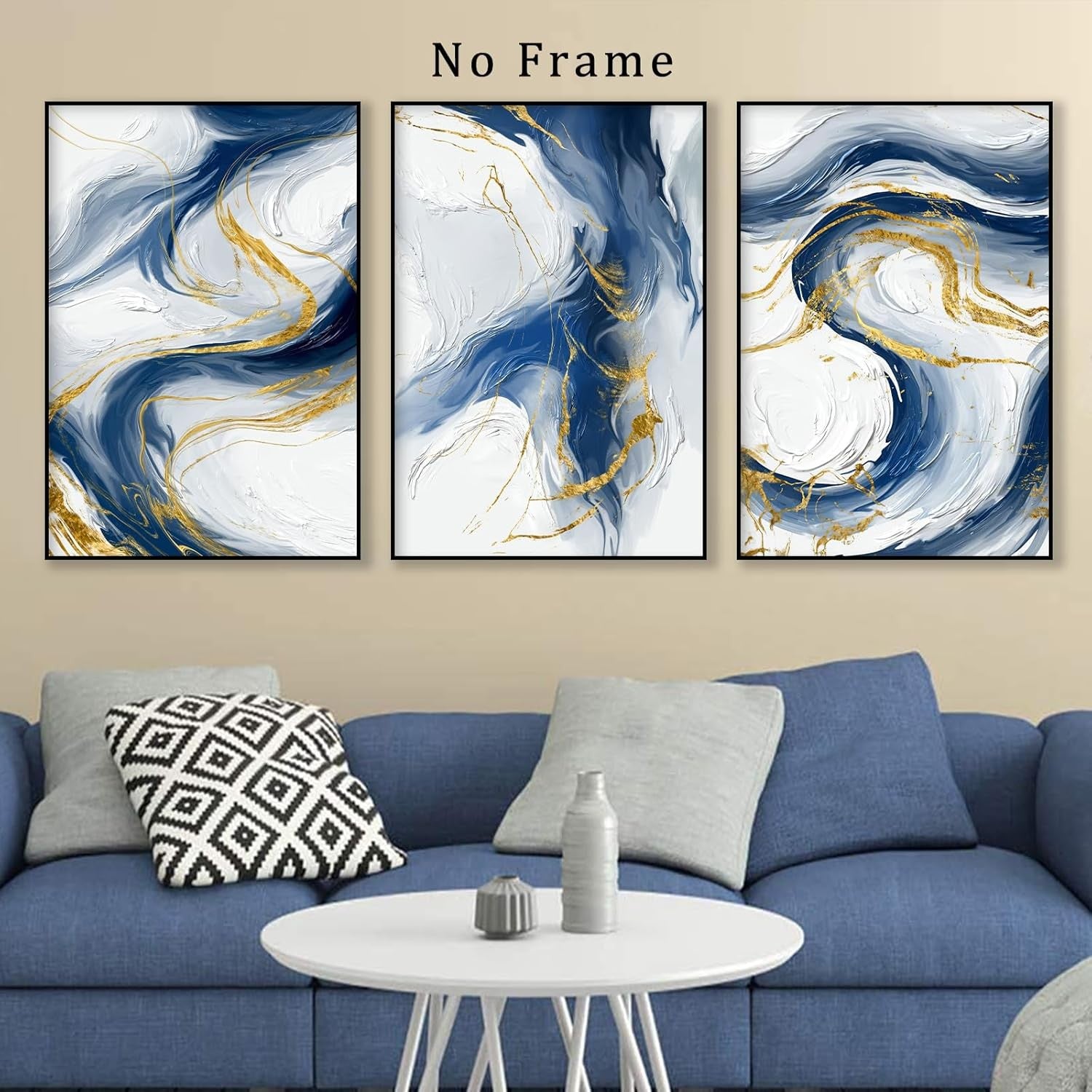 Blue Gold Abstract Canvas Wall Art Set 3 60x40cm Prints