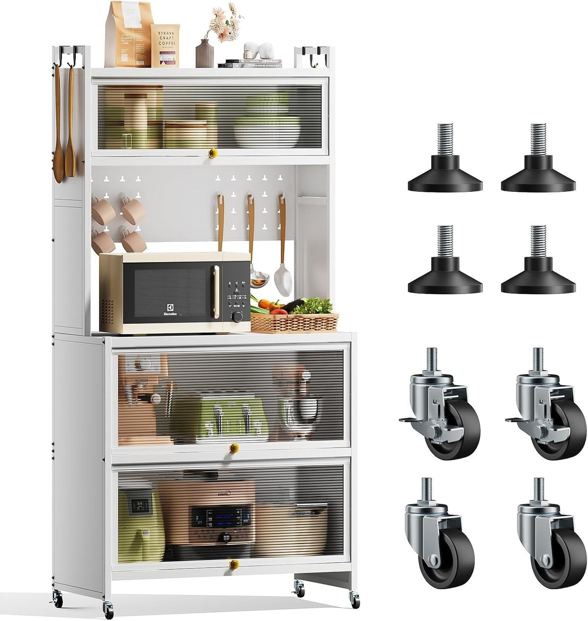 5-Tier Kitchen Storage Cabinet with Flip Door & Wheels White | 80x40x162cm