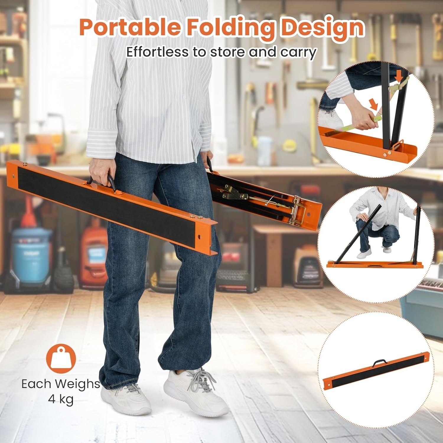 Folding Sawhorse Twin Pack Heavy Duty 375kg Non-Slip Metal Trestles Orange