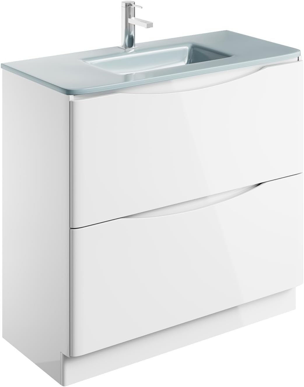 900mm Floor Standing Vanity Unit White Gloss with White Glass Basin Storage