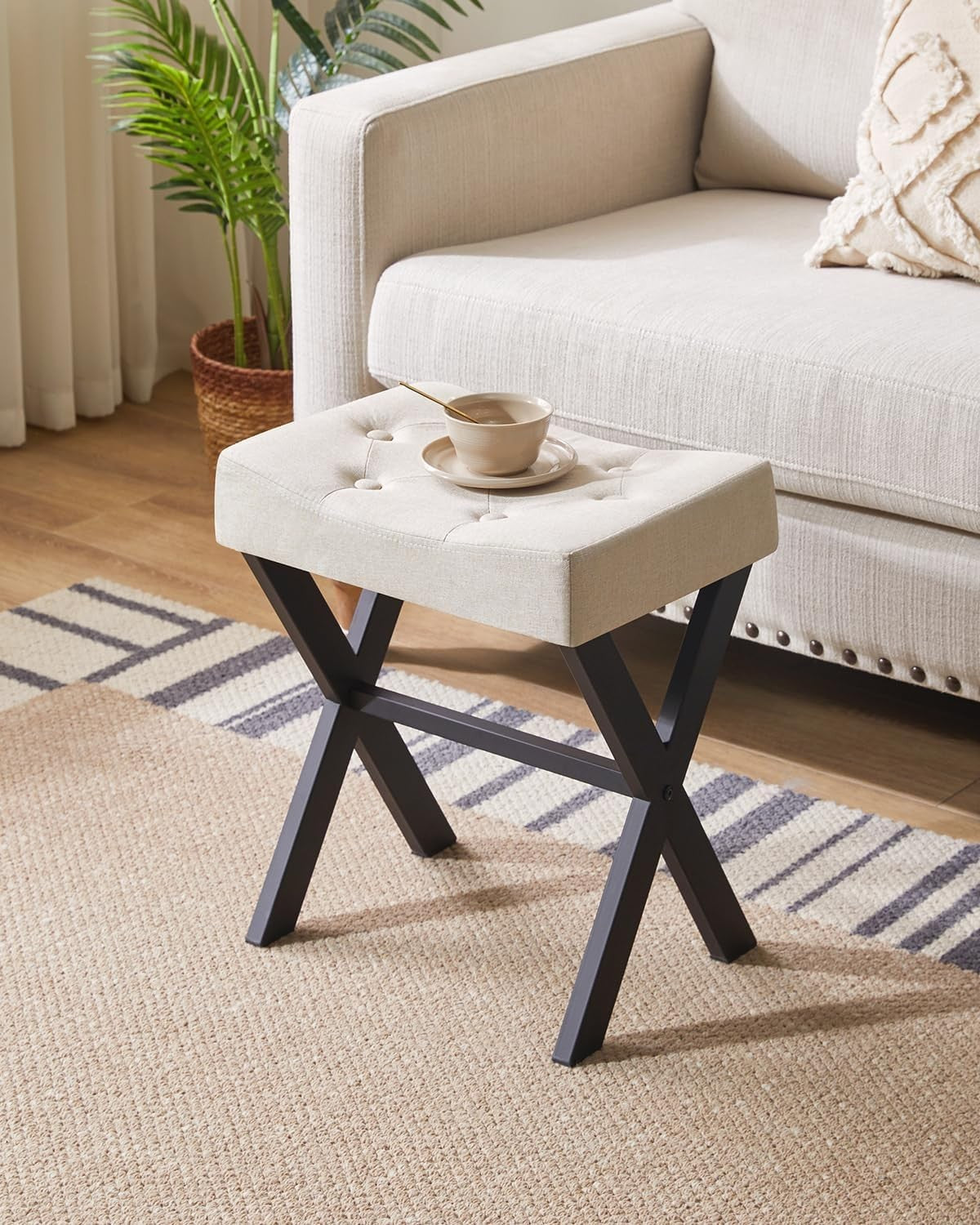 U-Shaped Linen Vanity Stool with X-Leg – Makeup Seat & Side Table
