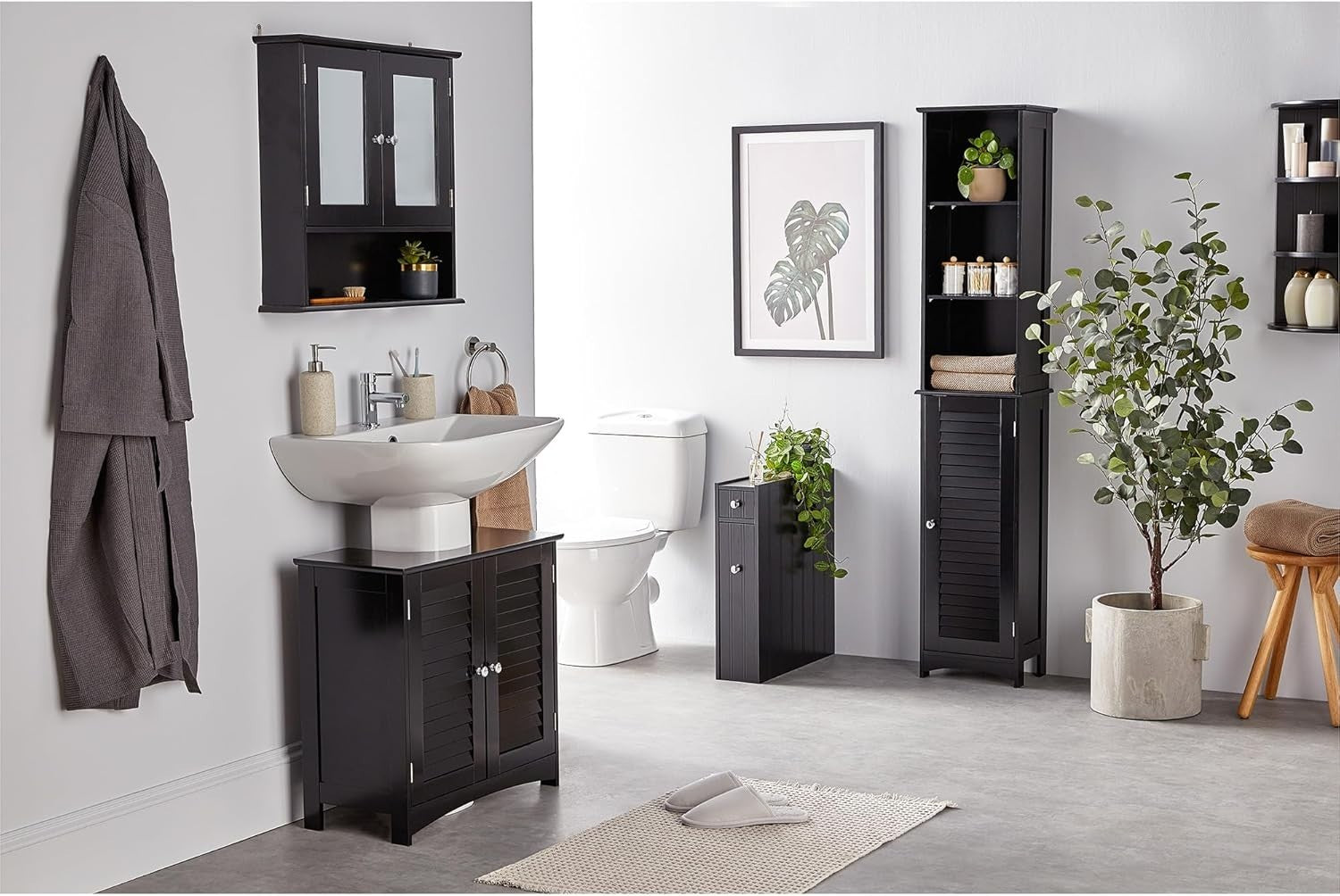 Slim Tall Bathroom Storage Cabinet with Door & 6 Shelves – Black Unit