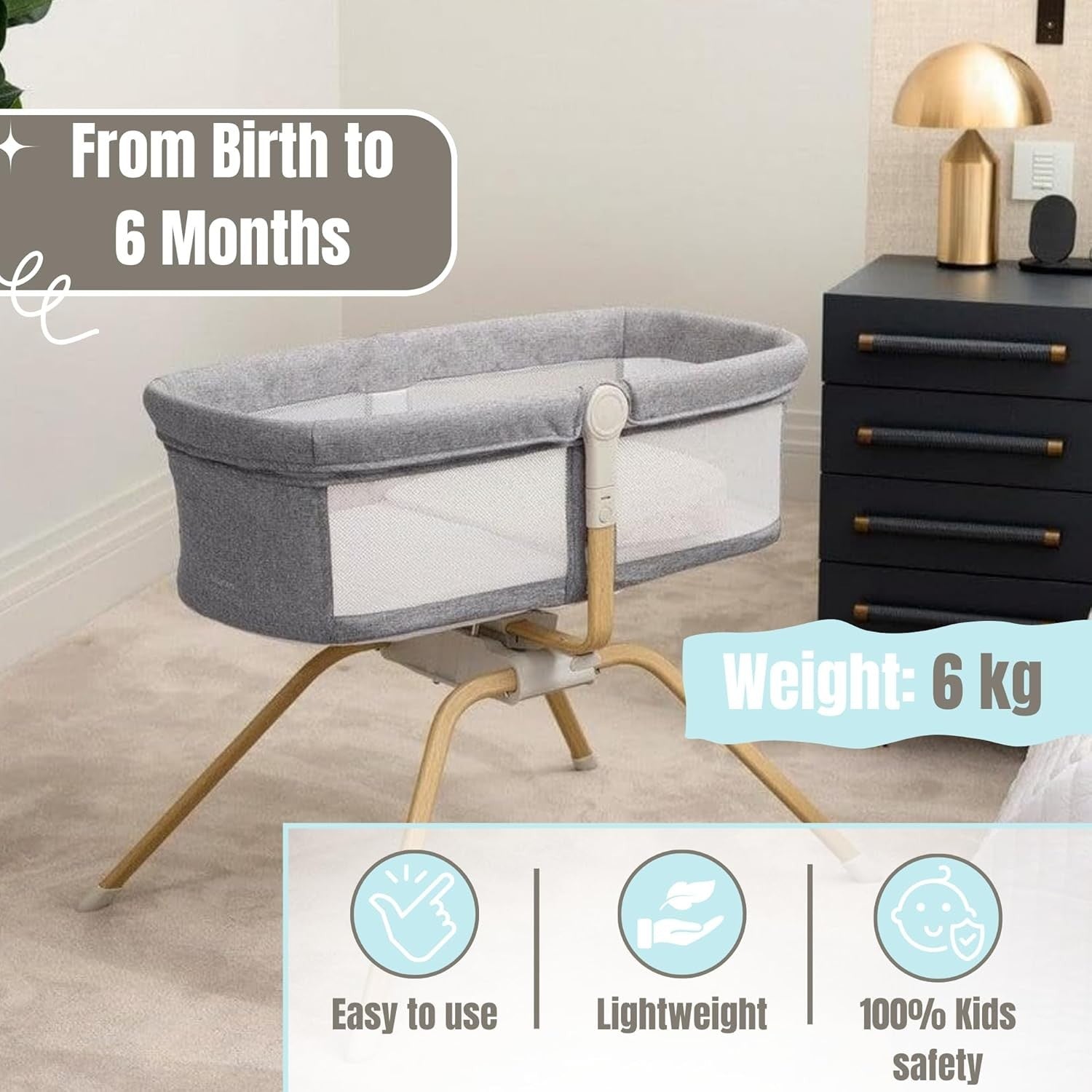 Gliding Baby Crib with Mattress Portable Lightweight Travel Bassinet Slate Grey