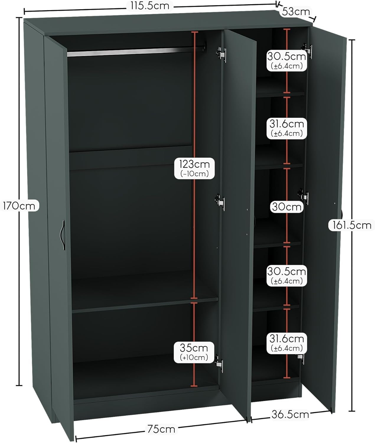 3 Door Wardrobe with Hanging Rail, Adjustable Shelf & Top Storage Shelf