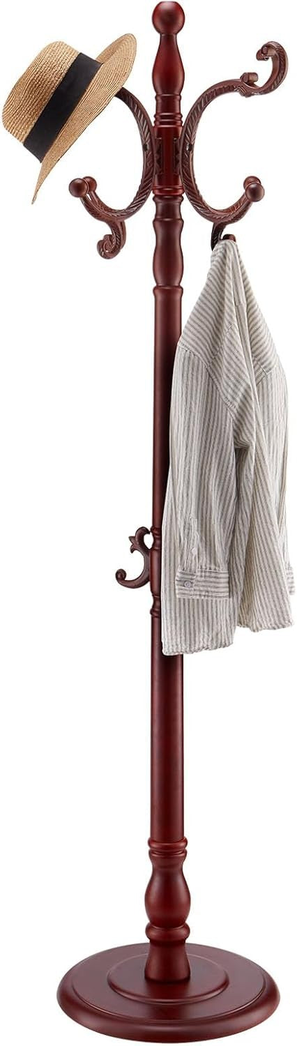 Freestanding Wooden Coat Rack Stand 11 Hooks Weighted Base Hall Tree