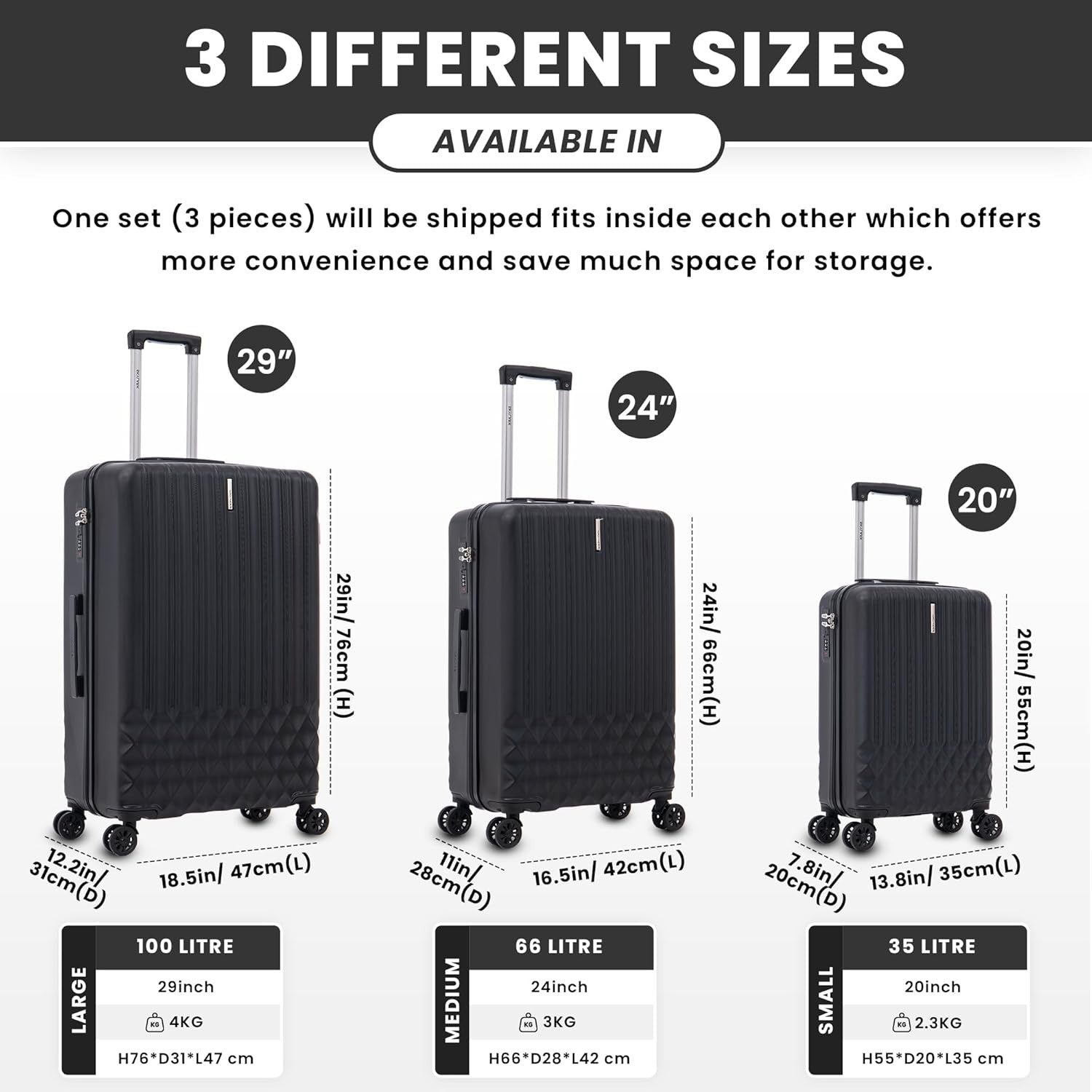24 Inch Medium ABS Hard Shell Suitcase Lightweight Spinner 4 Wheels 66L