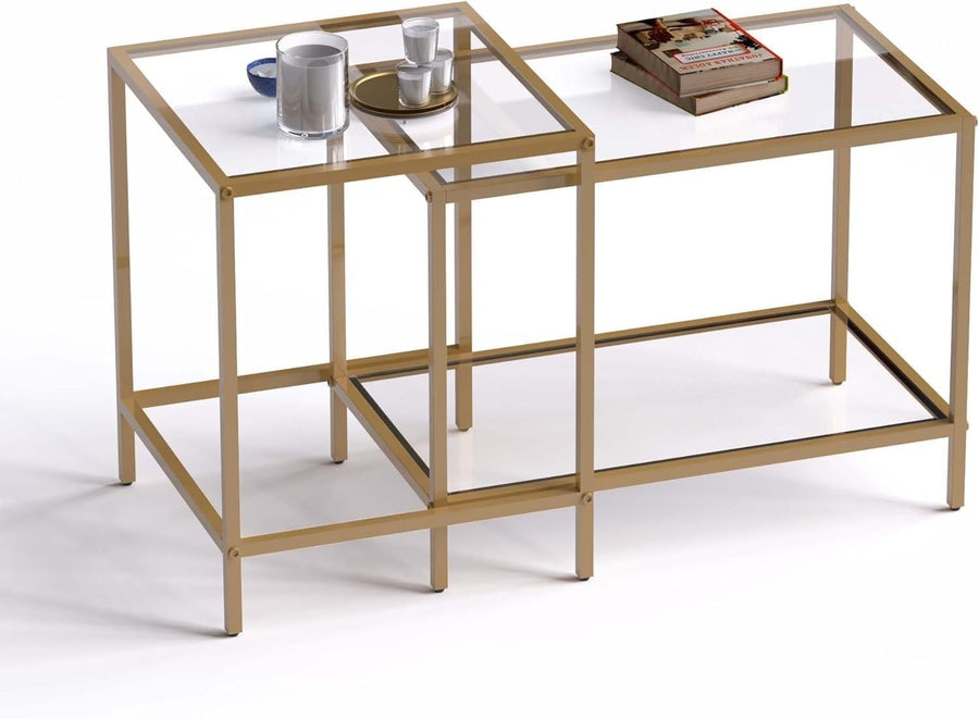 Glass Nesting Coffee Table Set 2 Side End Tables Modern Metal Frame Space Saving