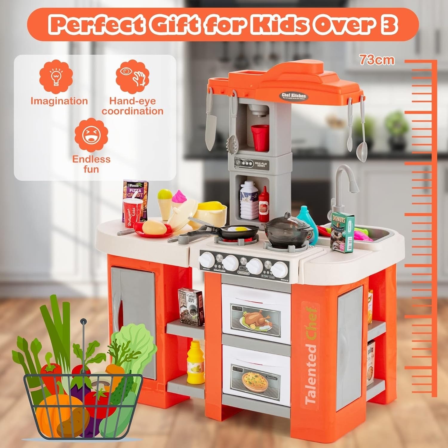 Kids Play Kitchen Orange w/ Lights Sounds Running Water Steam Set