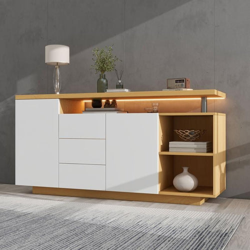 Modern White LED Sideboard Cabinet 2 Door 3 Drawer Push Open Storage