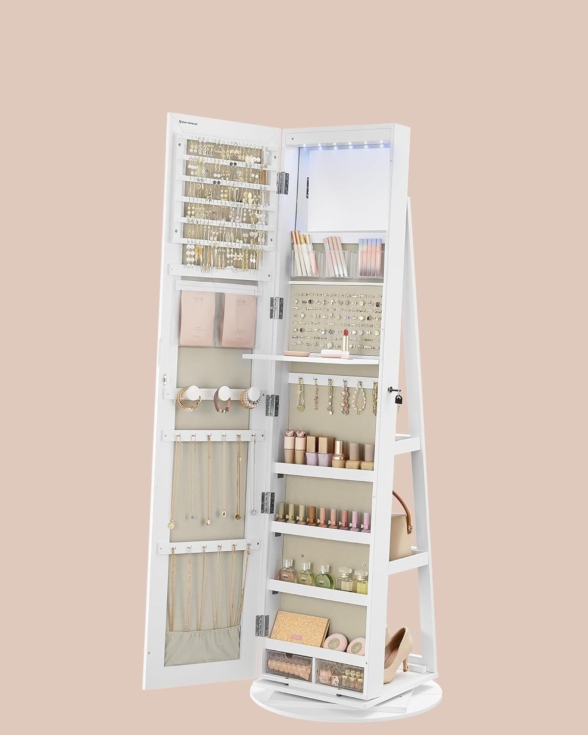 White Swivel LED Jewellery Mirror Cabinet Lockable Full Length Storage