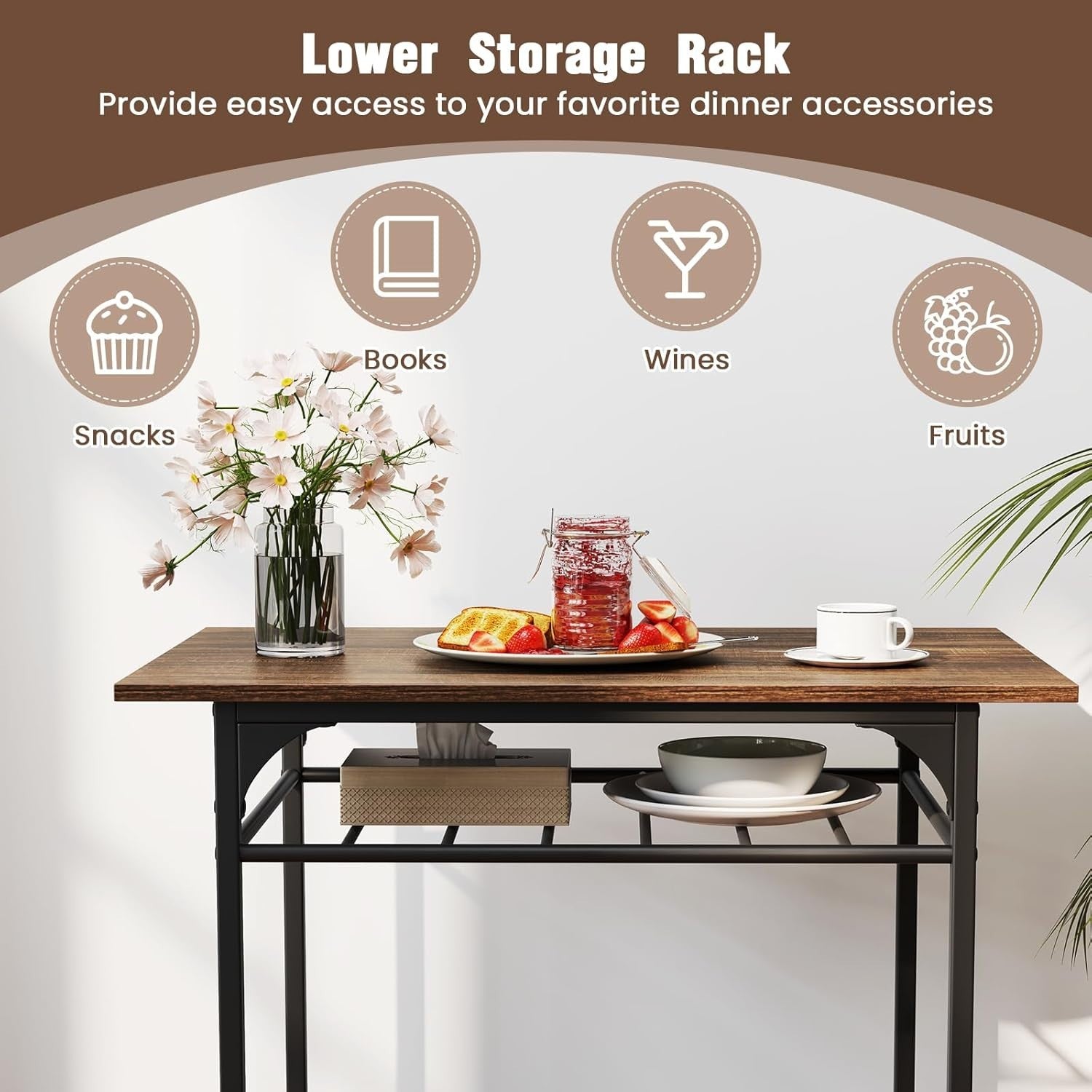 3-Piece Rustic Brown Bar Table Set with 2 Stools & Storage Rack Dining Furniture
