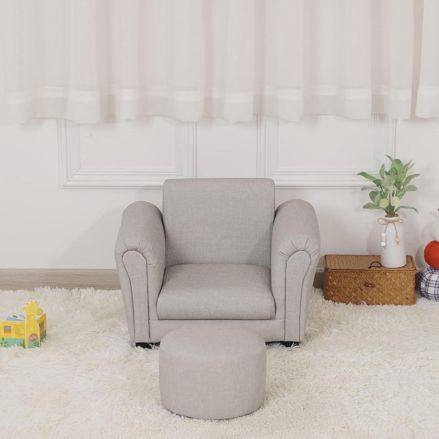 Toddler Armchair with Footstool – Kids Grey PVC Leather Sofa Chair