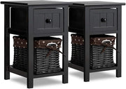 Slim Black Bedside Tables Set of 2 with Drawer & Wicker Basket Storage Modern