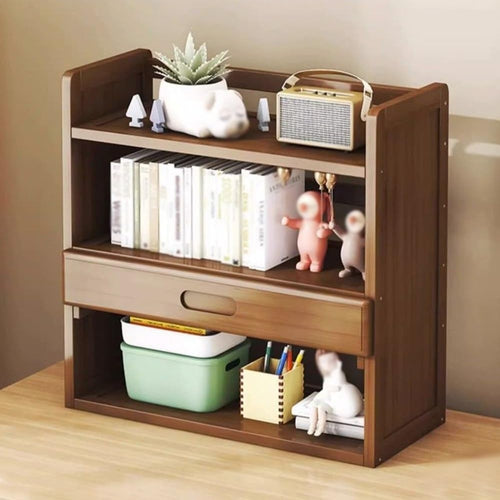 Bamboo Desktop Bookshelf Organizer w/ Drawer | 3-Shelf Desk Hutch 40cm