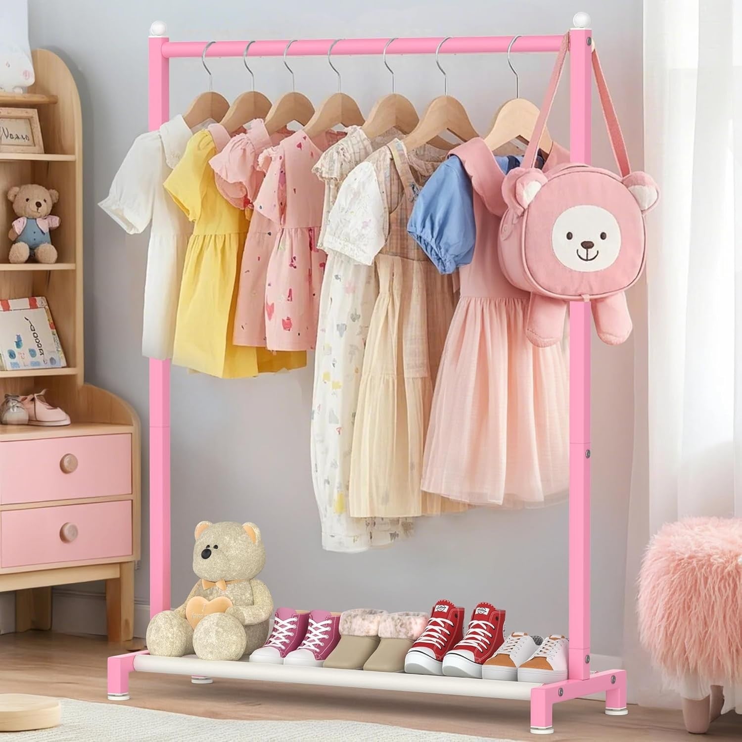 Pink Kids Clothing Rack with Shelf & Adjustable Feet 117cm